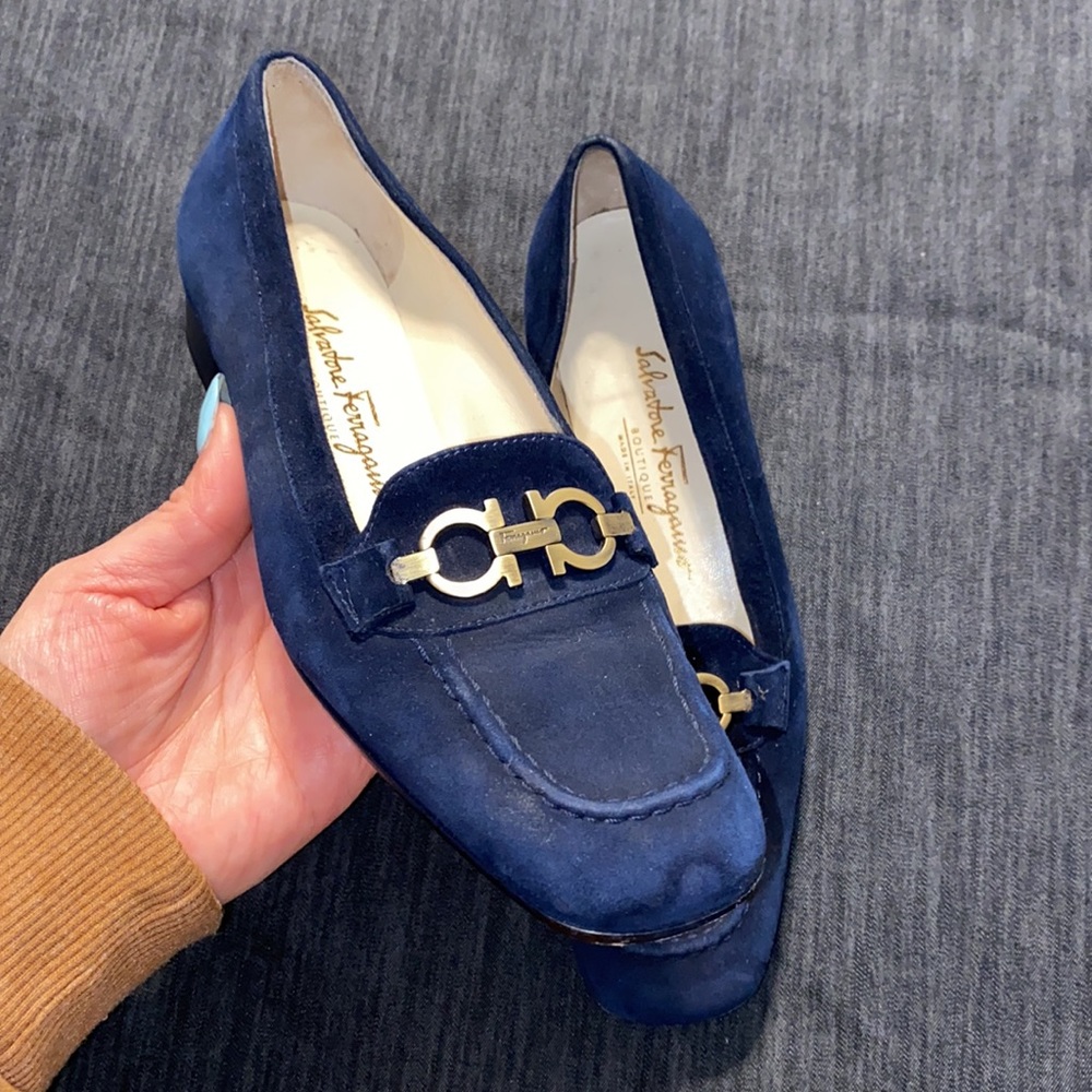 Vintage Salvatore Ferragamo suede loafer 5.5 baby blue.   Runs slightly small.